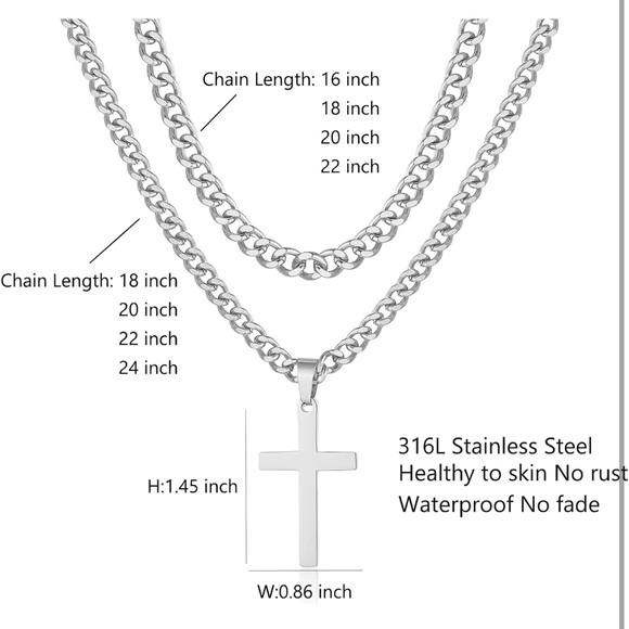 SENRAN Layered Cross Necklace Stainless Steel Cuban Link Chain 16-24 inch - Picture 3 of 7